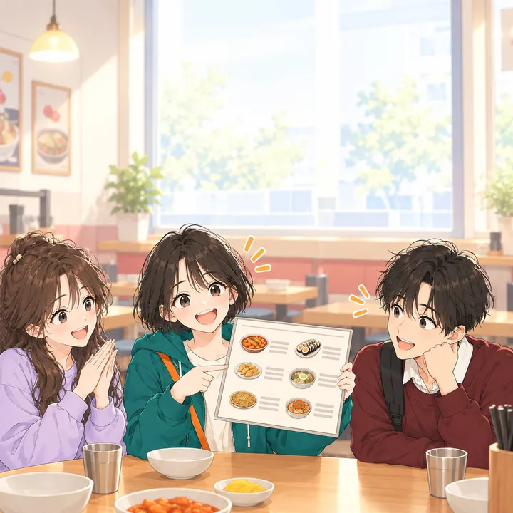 다음 날 분식집에서 다온이 음식 그림 메뉴판을 들고 웃고 친구 둘이 반긴다